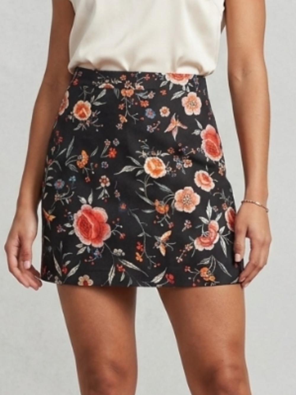 Promod Black Mini Skirt with Orange, Cream and Blue Floral Print